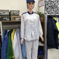 Quần áo thực phẩm thủy sản vải kaki trắng phối xanh cổ trụ NPU-TP10020556